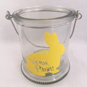 Windlicht (glas) als decoratie voor Pasen met een leuke afbeelding
