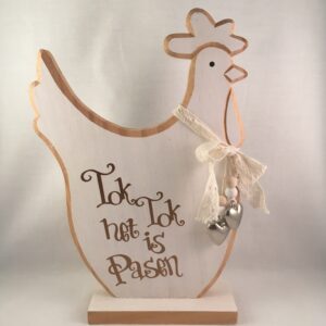Decoratie tekstbord (hout) voor Pasen Kip met Tok tok het is Pasen